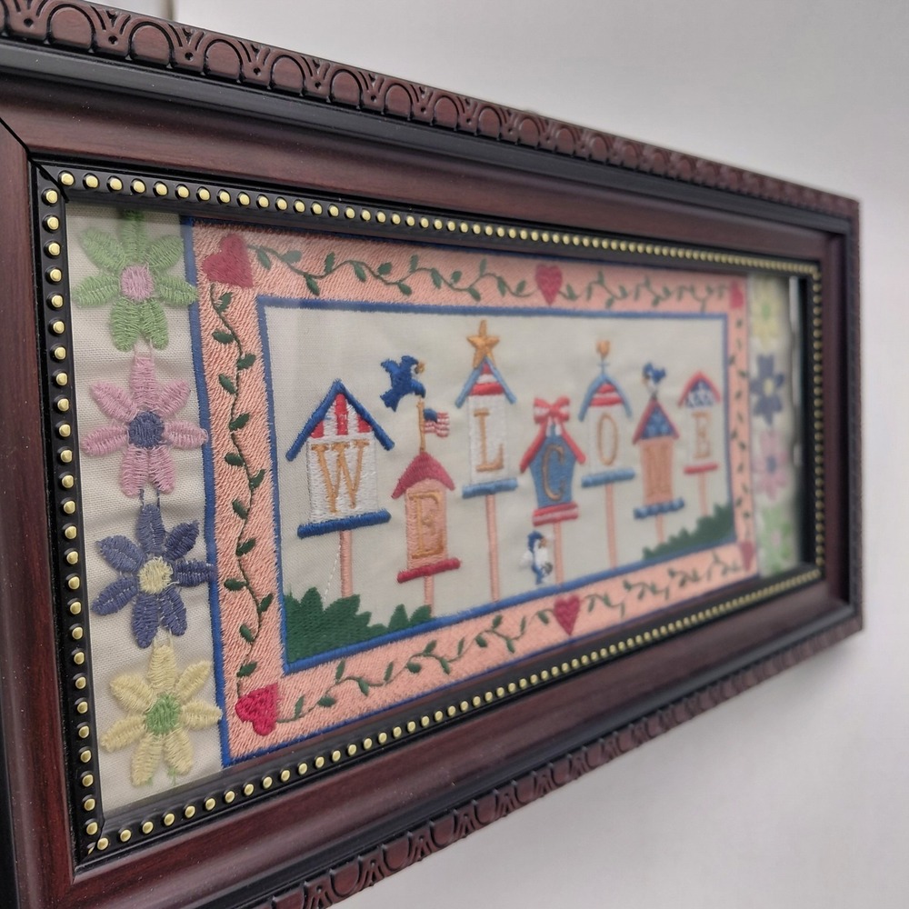 Cross Stitch Welcome Sign Framed Hanging Art Cottage Cabin Floral Bird House